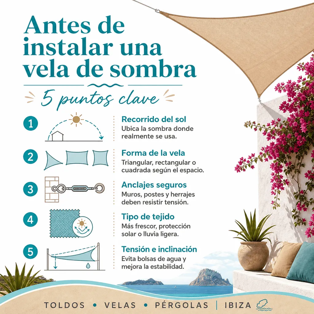 Infografía con claves antes de instalar una vela de sombra a medida en Ibiza
