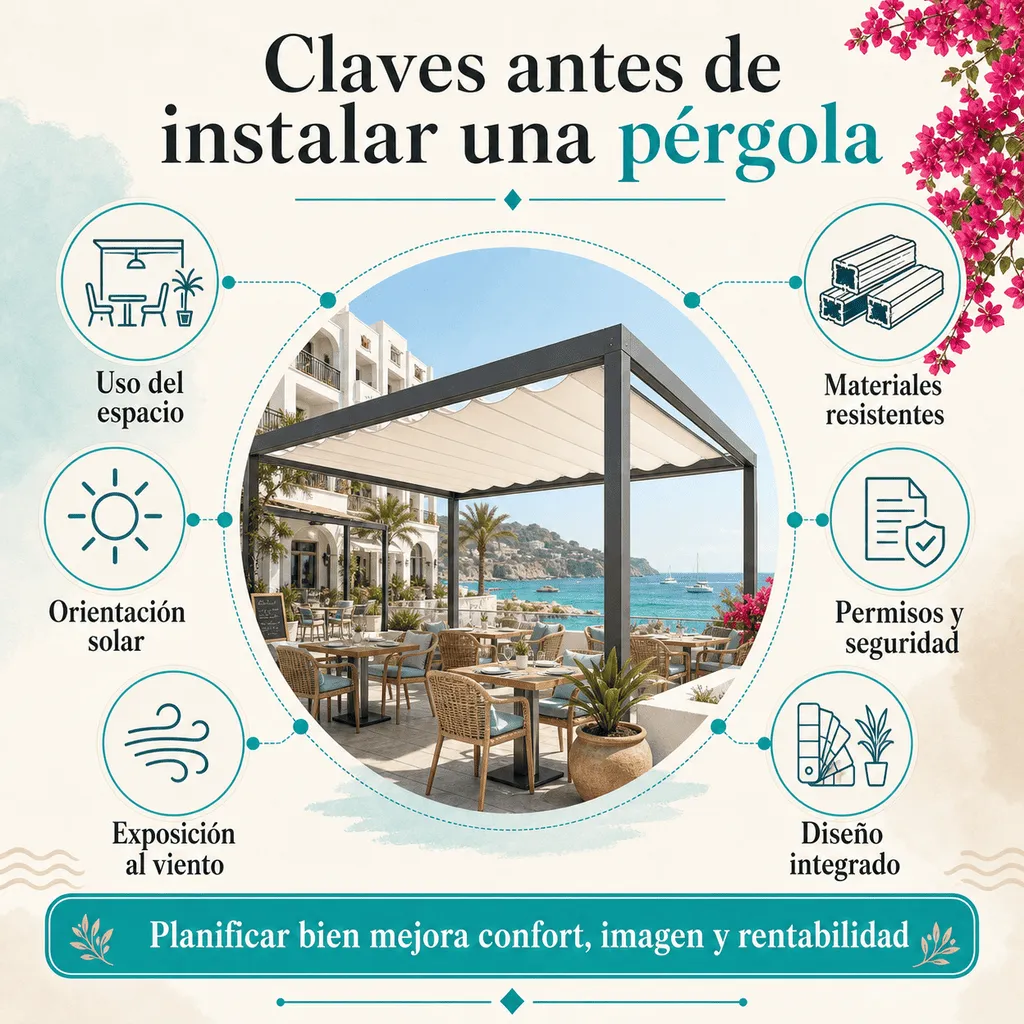 Infografía con claves antes de instalar una pérgola en restaurantes y hoteles en Ibiza