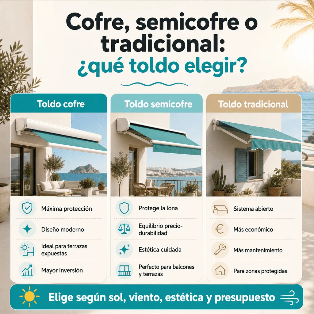 Infografía sobre cómo elegir entre toldo cofre, semicofre y tradicional