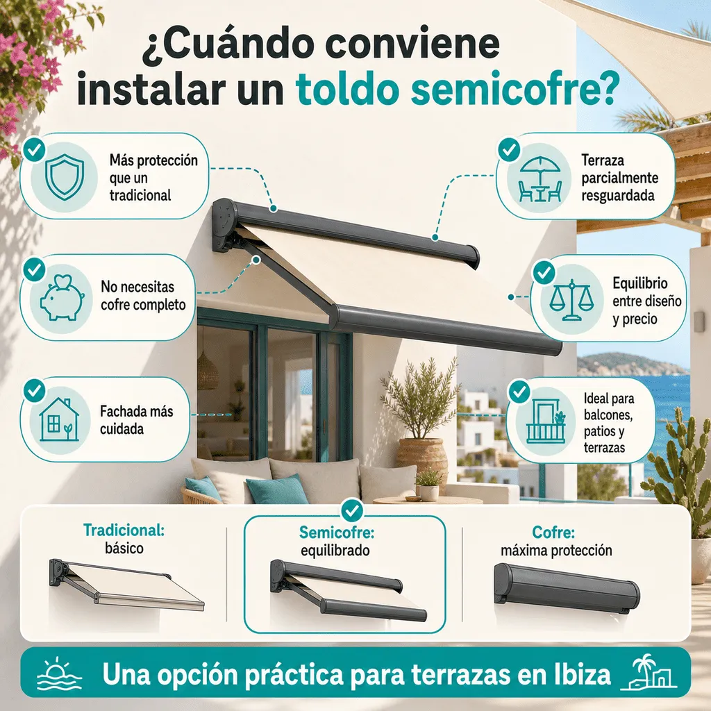 Infografía sobre diferencias entre toldo cofre, semicofre y toldo tradicional