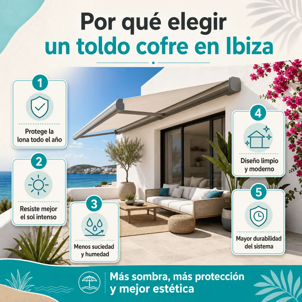 Infografía sobre por qué elegir un toldo cofre en Ibiza