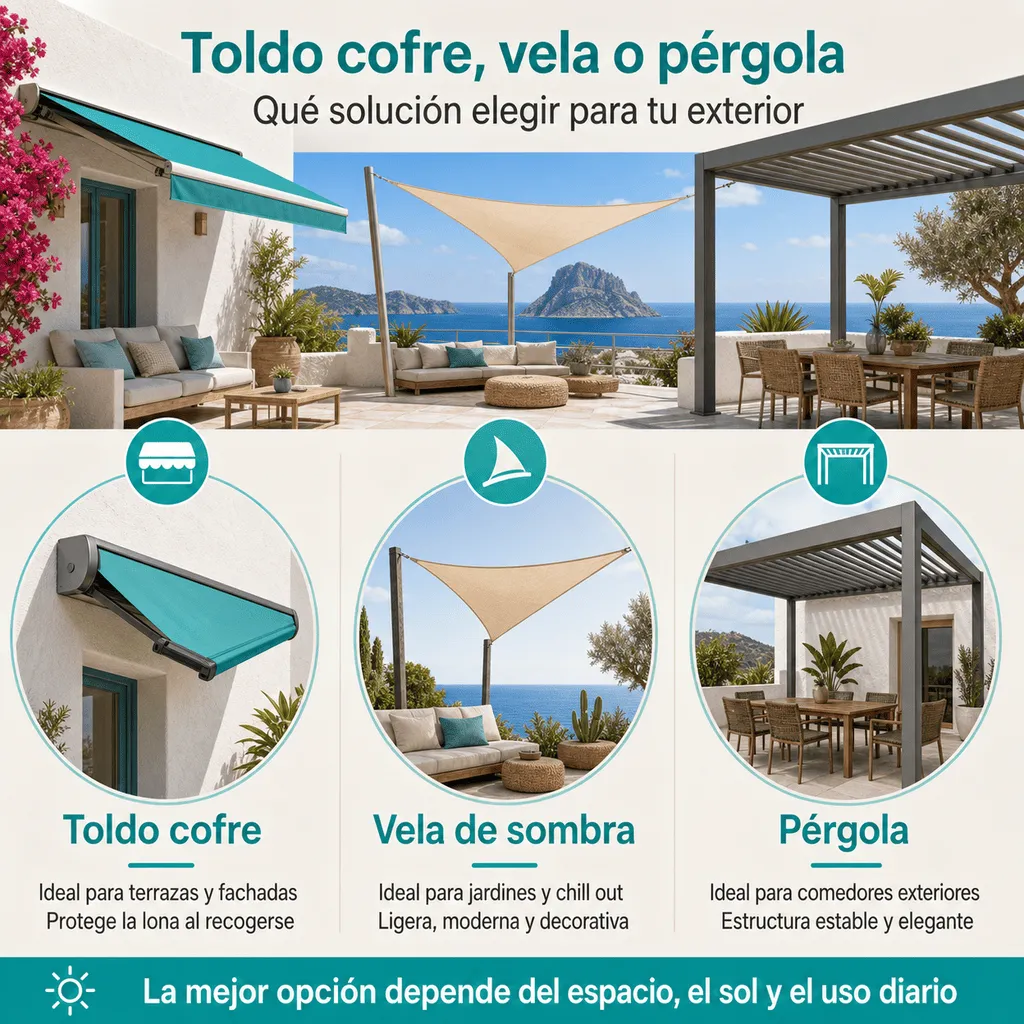 Infografía comparativa sobre toldo cofre, vela de sombra y pérgola