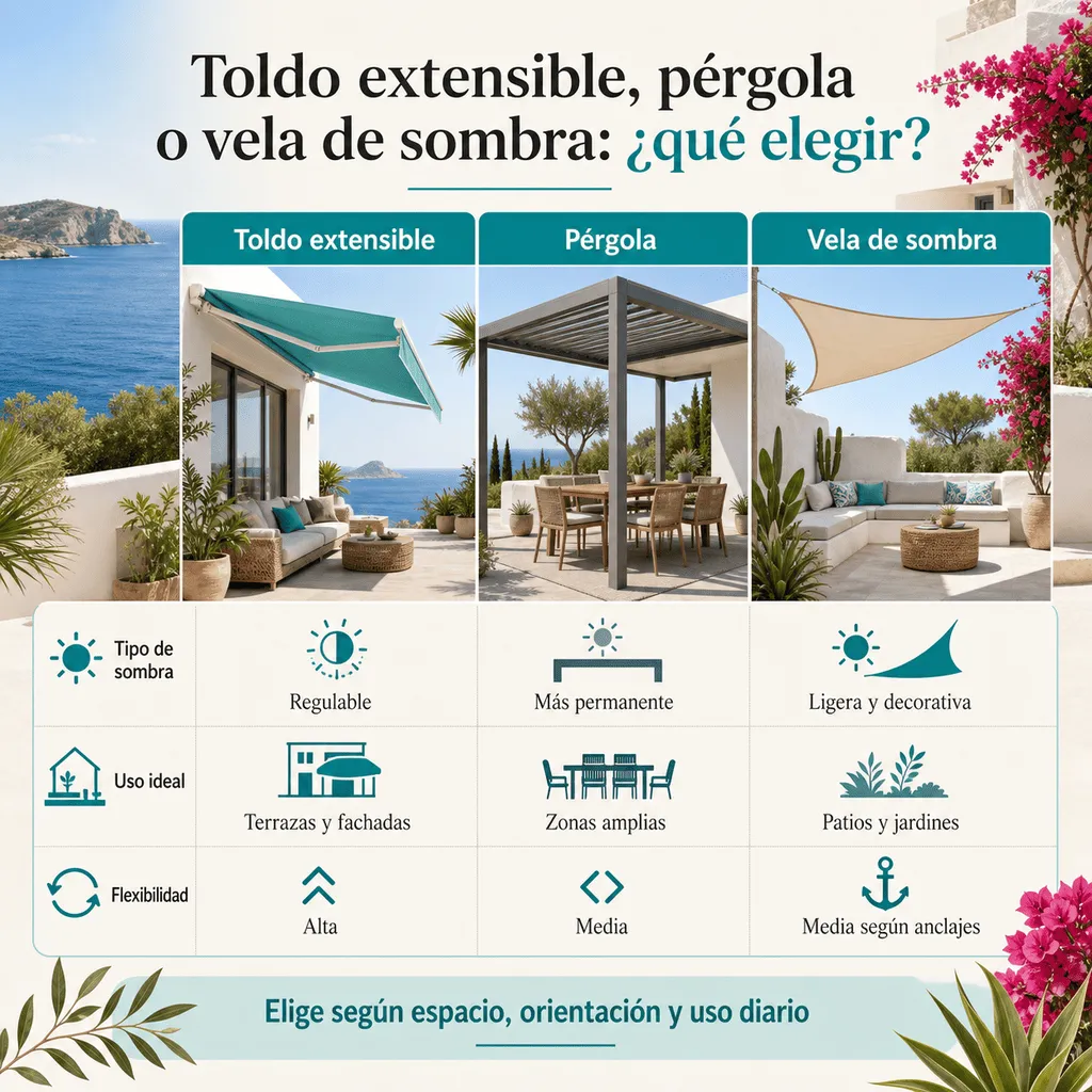 Infografía sobre cómo elegir toldos de brazos extensibles en Ibiza