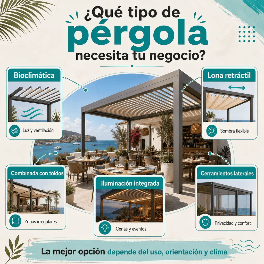 Infografía sobre tipos de pérgolas para negocios, restaurantes y hoteles