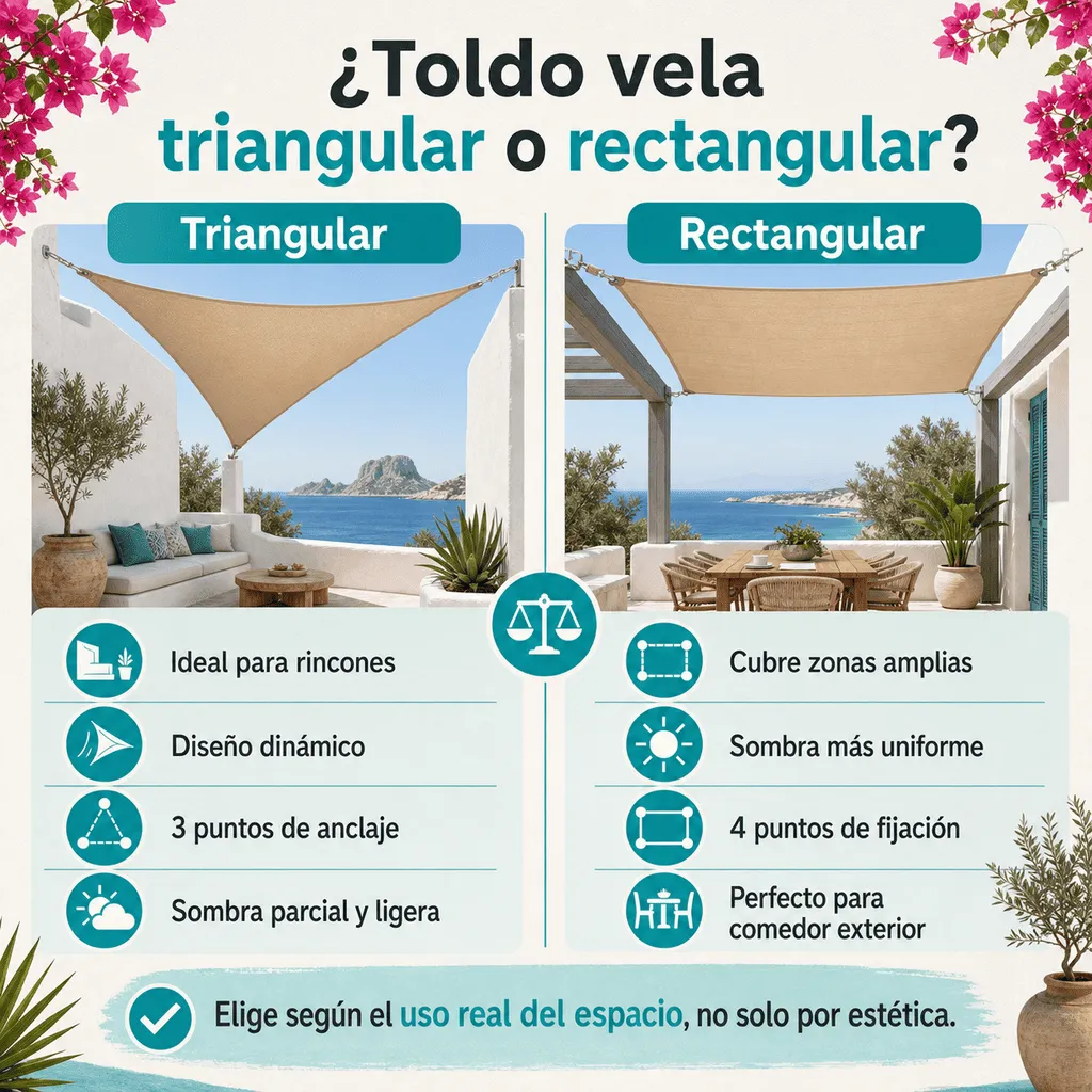 Infografía comparativa entre toldo vela triangular y vela rectangular