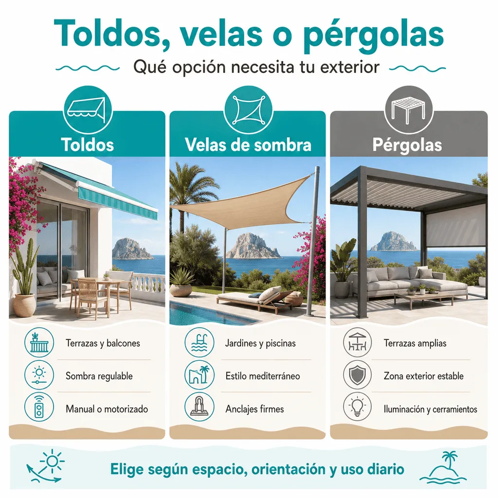 Infografía comparativa de toldos, velas de sombra y pérgolas