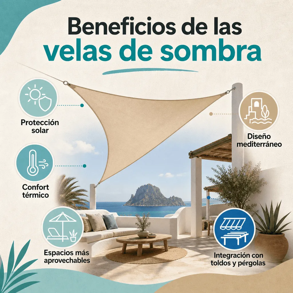 Infografía sobre los beneficios de instalar velas de sombra en Ibiza
