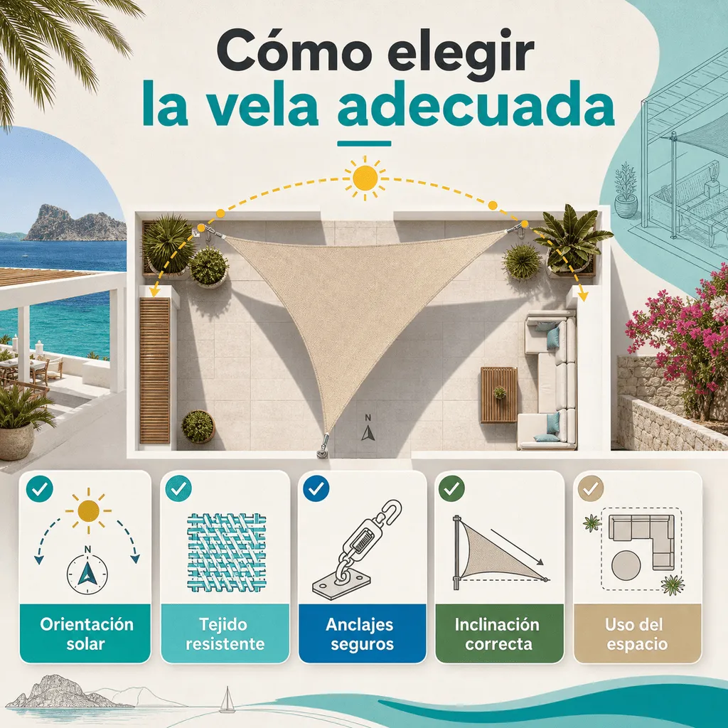 Infografía sobre cómo elegir velas de sombra para exteriores en Ibiza